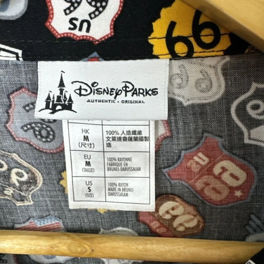 Disney Parks Route 66 All Over Print‎ 100% Rayon Mens M Hawaiian Camp Shirt